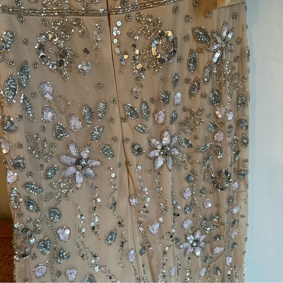 Mac Duggal Embellished One Shoulder Draped Maxi Gown Nude & Silver | Size 8 - Picture 14 of 16